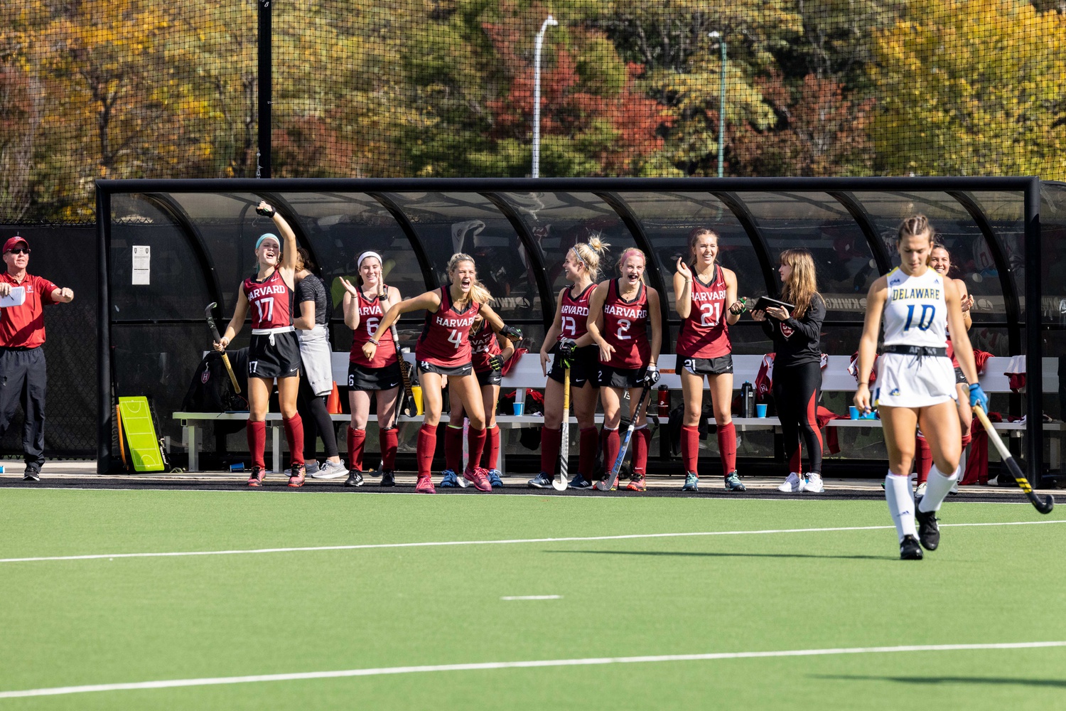 The Harvard field hockey bench celebrates against Delaware at home on October 16, 2022.