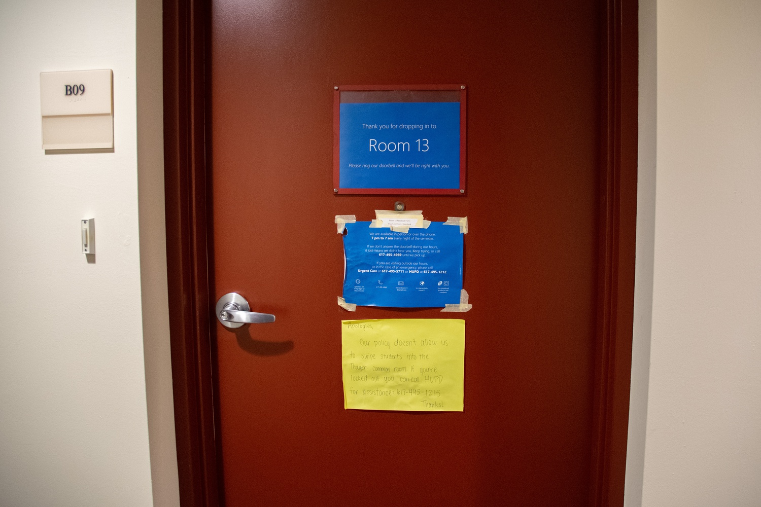Room 13 peer counseling is available in the basement of Thayer, a freshman dorm located in Harvard Yard.