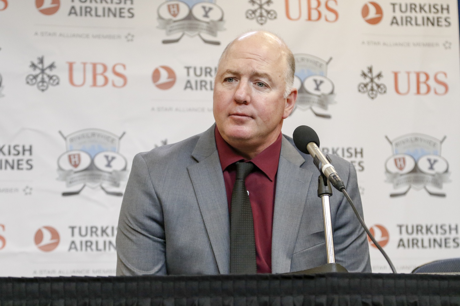 Harvard head coach Ted Donato at a postgame press conference after the Crimson beat Yale 7-0 on January 11, 2020 at Madison Square Garden.